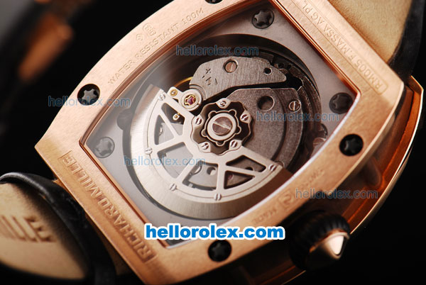 Richard Mille RM 005 Automatic Movement Rose Gold Case with Red Border and Rome Numeral Marker-Black Leather Strap - Click Image to Close